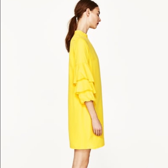 NWT Zara Yellow Frilled Tiered Sleeve Mini Dress - Picture 5 of 7